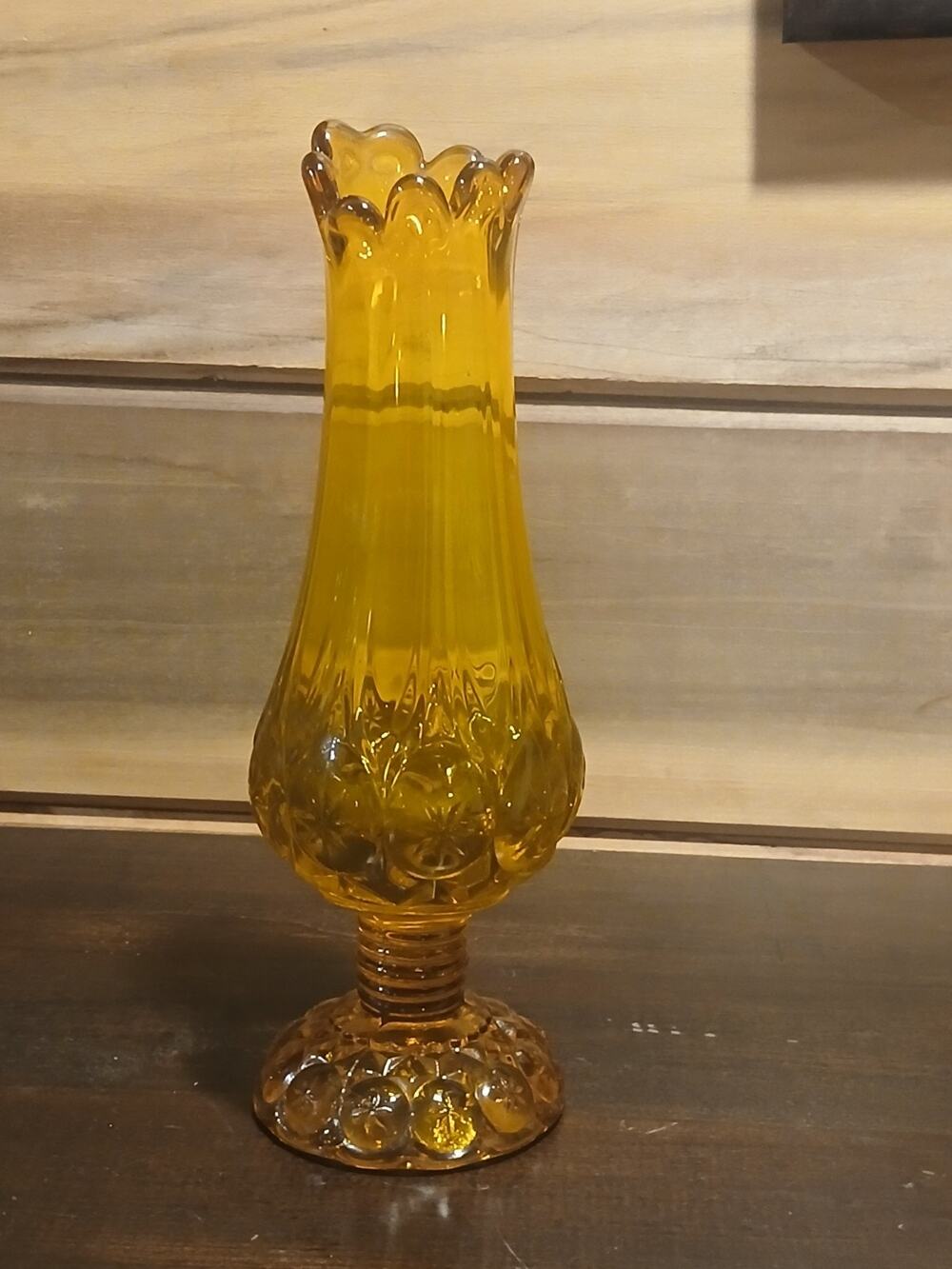Vintage Kanawha Amber Moon & Stars 11" Swung Vase Pedestal MCM Glass UV Glow